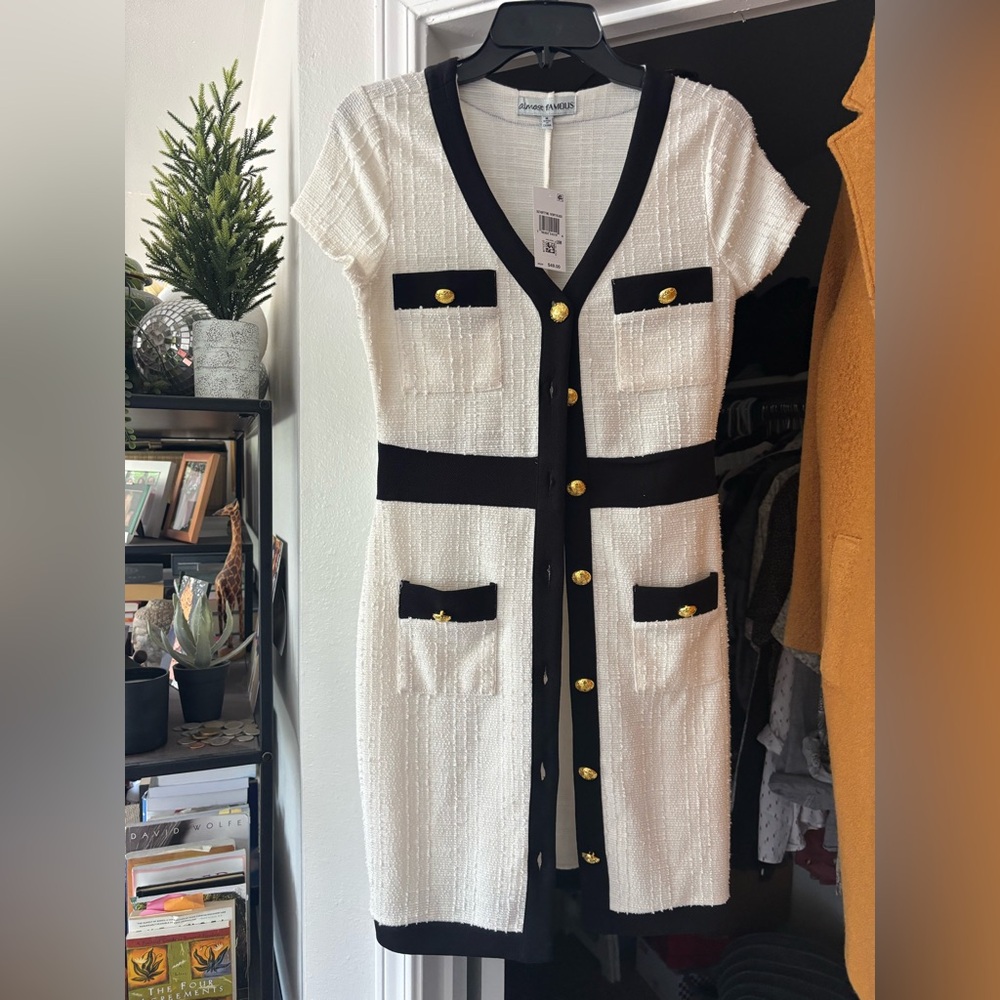 Almost Famous Black and White Mini Dress with Gold Buttons